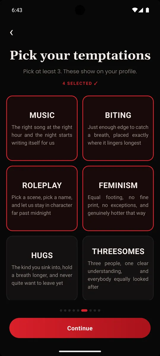 MuteMate app: pick your temptations screen